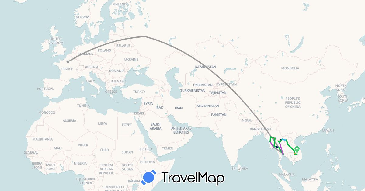 TravelMap itinerary: driving, bus, plane, train, hiking, boat, hitchhiking, motorbike in France, Cambodia, Laos, Myanmar (Burma), Russia, Thailand (Asia, Europe)
